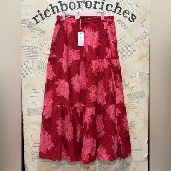 Anthropologie Mille Paoli Floral Maxi Skirt Elastic Waist Crimson Red Motif - Picture 4 of 5